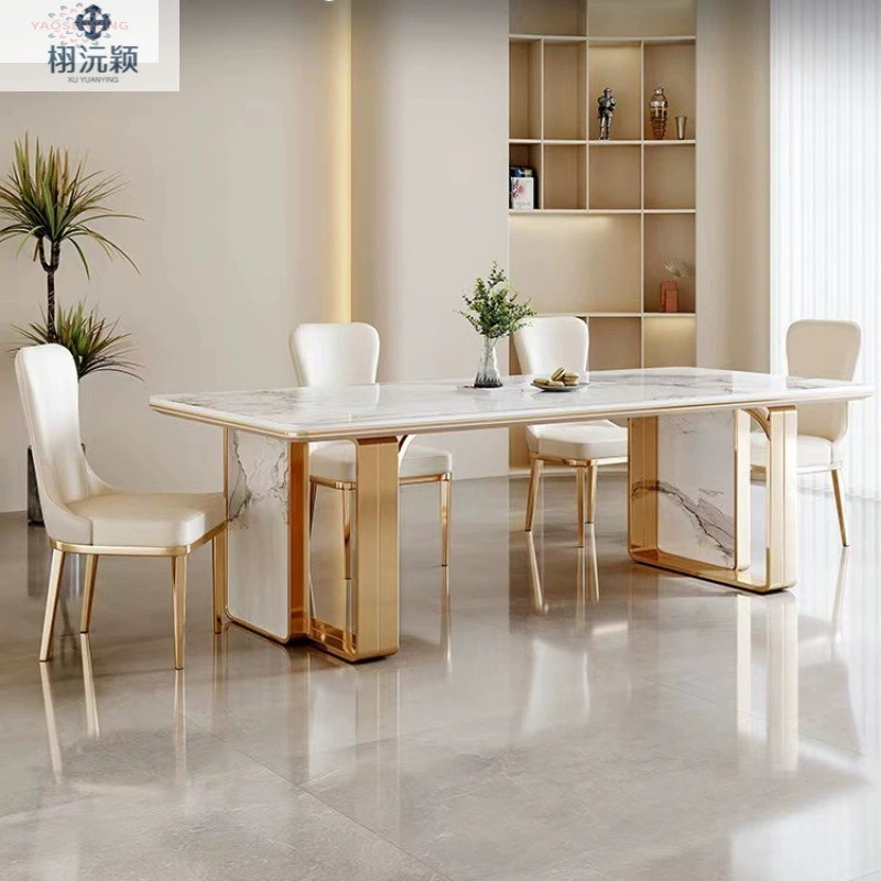Комбинация обеденного стола и стульев с легкой роскоши и блестящими листами Современная минималистская небольшая квартира прямоугольный мраморный домашний обеденный стол