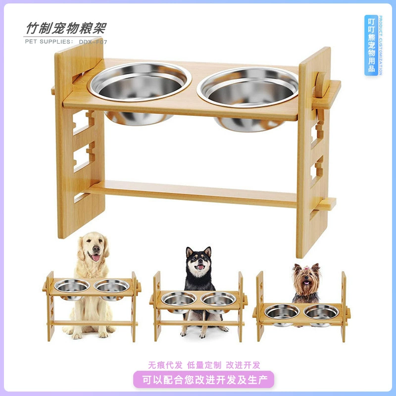 Бамбуковая стойка для мисок для домашних животных Регулируемая высота Универсальная стойка для защиты шеи для кошек и собак Стойка для мисок для собак Корм для кошек и собак Повышенная пластина