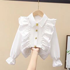 女童衬衫春秋新款白色中大童洋气女孩上衣儿童长袖学生娃娃领衬衣