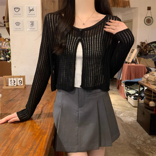 New Korean style loose short hollow long sleeve thin sunscreen knitted cardigan top in summer