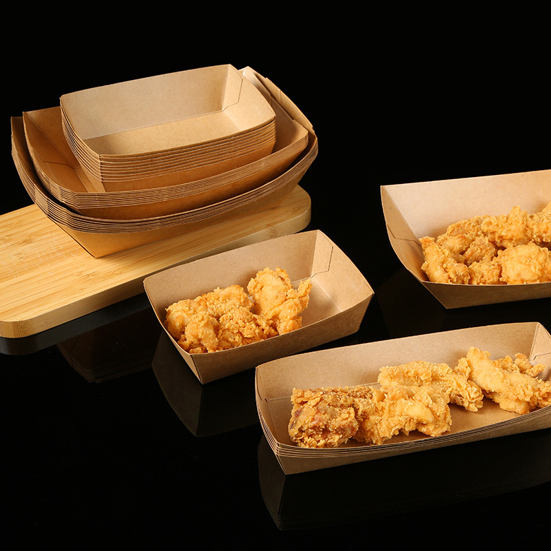Caja de barco kraft de grado alimenticio desechable frita de alas de pollo bocadillos caja de comidas plegable caja de cartón a prueba de aceite en stock