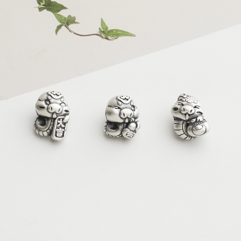 S999足銀3D硬銀蛇年隔珠DIY串珠手鍊項鍊生肖蛇寶寶散珠飾品配件