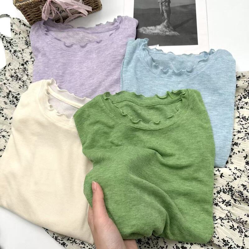 Naked skin feeling huge soft ~ Korean wooden ear solid color simple inner long sleeve sweater Y6617