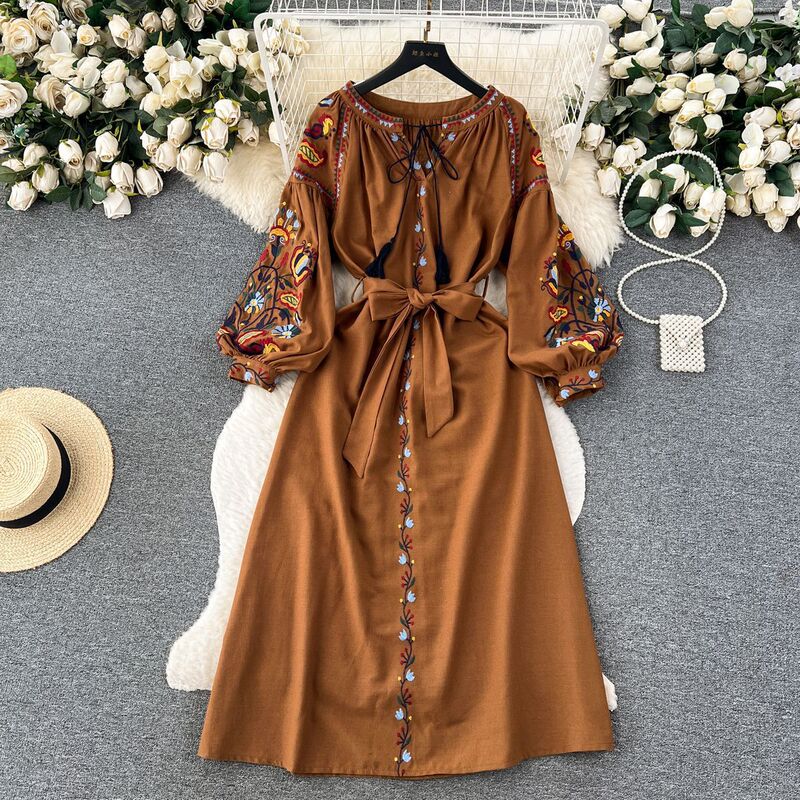 Bohemian dress women's autumn vintage heavy-duty embroidered puff sleeve lace-up waist mid-length holiday dress