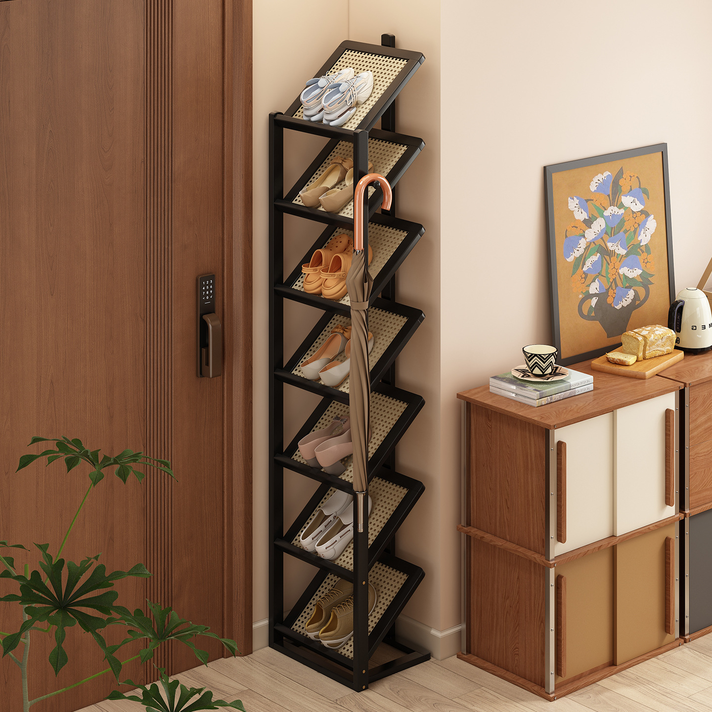 Porta de zapatos multicapa puerta de entrada doméstica de almacenamiento de zapatos acabado rack pasillo ascensor simple gabinete de zapatos