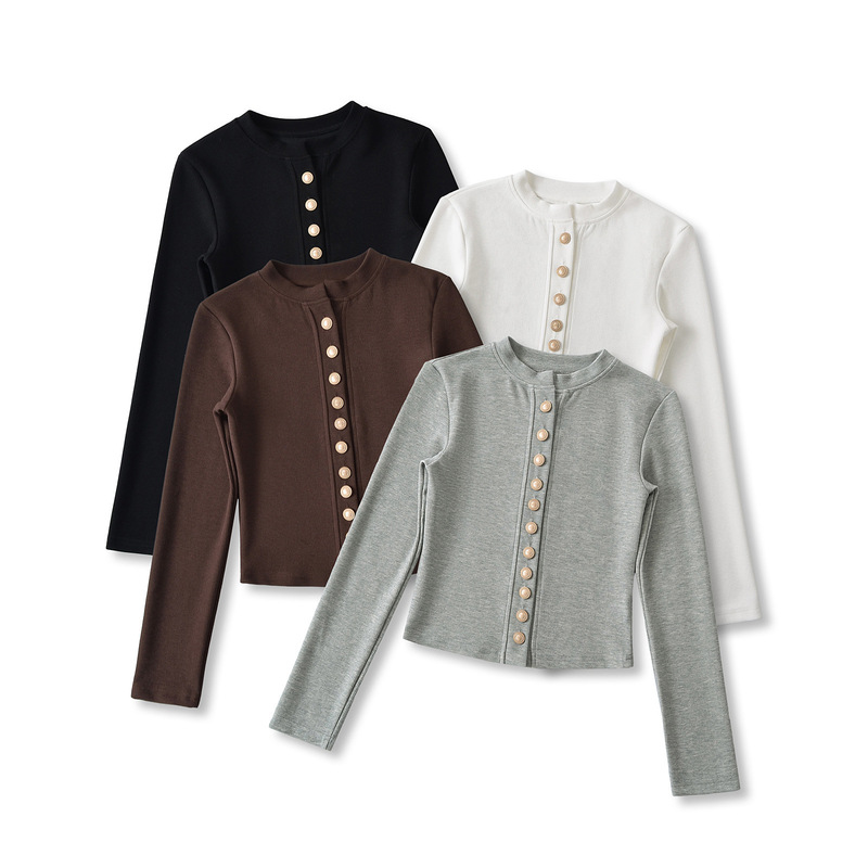 Metal Buckle Knitted Threaded Cardigan for Women 2024 Autumn and Winter French Style High-End Elegant Slim Long-Sleeved Bottoming T-Shirt Metal Buckle Knitted Threaded Cardigan for Women 2024 Autumn and Winter French Style High-End Elegant Slim Long-Sleeved Bottoming T-Shirt