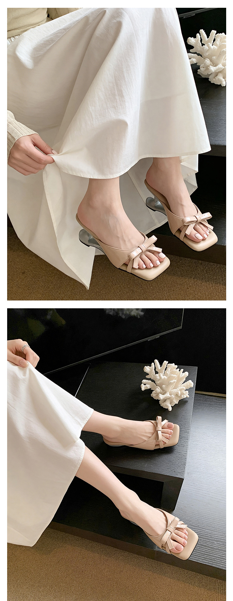 Sandal cao gót nữ mũi vuông hở ngón, đế xuồng chấm bi nơ bướm, gót 6 cm — màu đen, màu trắng ngà, màu mơ chi tiết 22