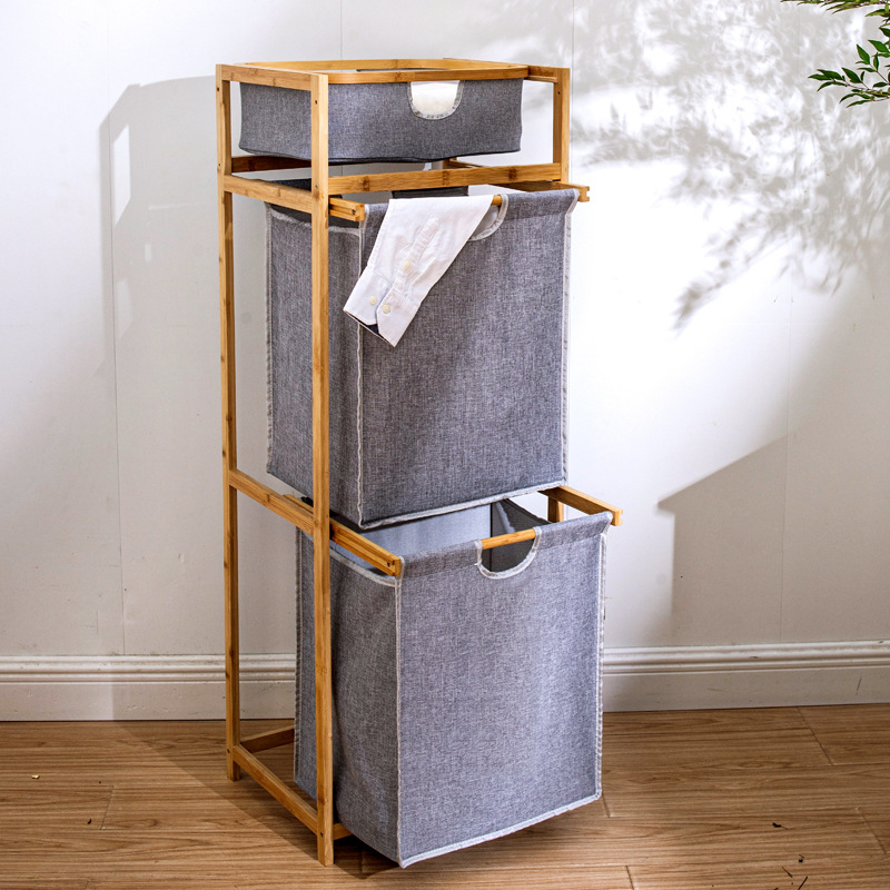 Cesta de ropa sucia de bambú y madera casera Cesta de almacenamiento vertical de baño Cesta de almacenamiento de lavandería de madera Cesta de almacenamiento de lavandería de madera maciza Rack de almacenamiento