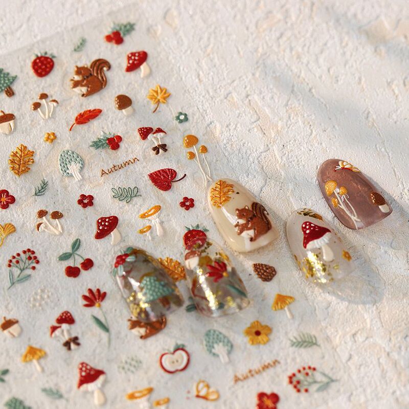 Autumn Strawberry Cute Squirrel Leaves Embossed Nail Stickers Pastoral Style Fallen Pine Nuts Adhesive DIY Nail Art Stickers