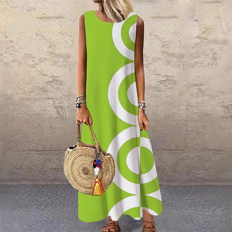 Long Spring and Summer Dress for Women, Cross-Border Casual Vacation Sleeveless Colorful Maxi Dress with Round Neck Long Spring and Summer Dress for Women, Cross-Border Casual Vacation Sleeveless Colorful Maxi Dress with Round Neck