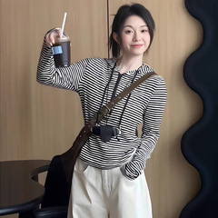 早秋薄款条纹连帽衫短款卫衣女款春秋季2025新款初秋长袖上衣百搭