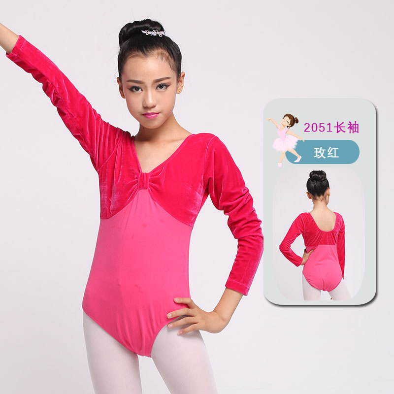 En stock de manga larga de primavera y otoño ropa de ballet ropa de práctica de una sola pieza para niños ropa de baile para niñas de terciopelo dorado ropa de clasificación de gimnasia