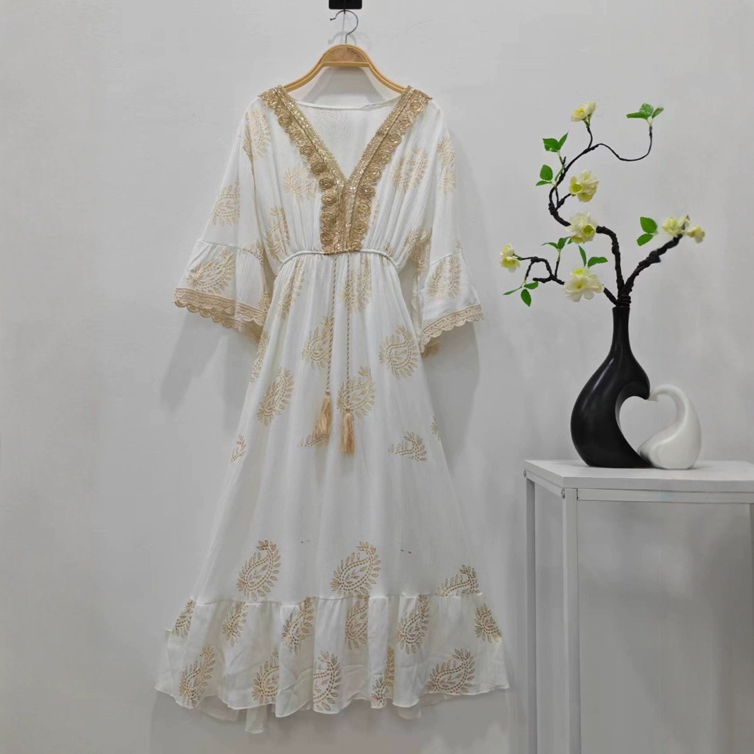 2025 New Women's Malay Indonesian Muslim Robe Fashion Gold Foil Dress_ecoleips.com