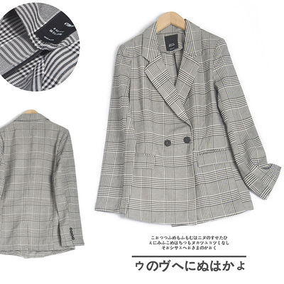 複古格子棉麻西裝女2021春季新款韓版修身顯瘦中長款格紋外套女