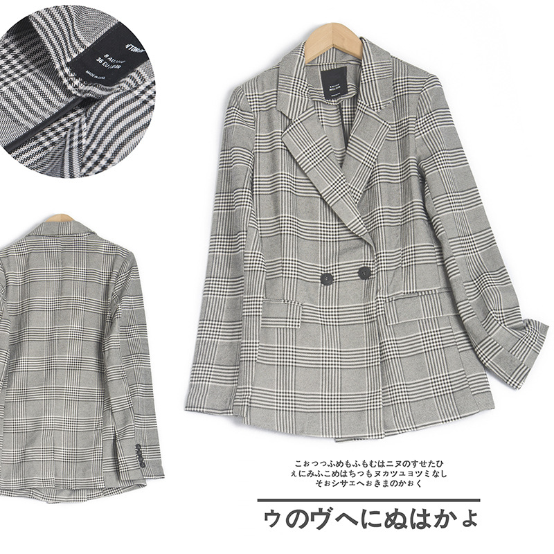 複古格子棉麻西裝女2021春季新款韓版修身顯瘦中長款格紋外套女
