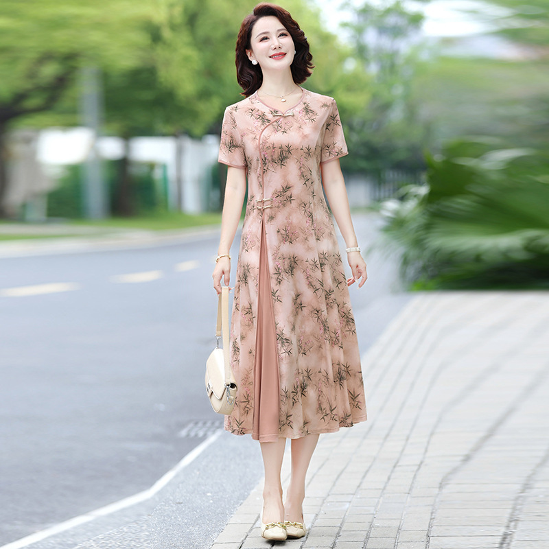 2025 新しい夏服中高年女性の国民風レトロドレス竹の葉プリント気質ママドレススカート|undefined