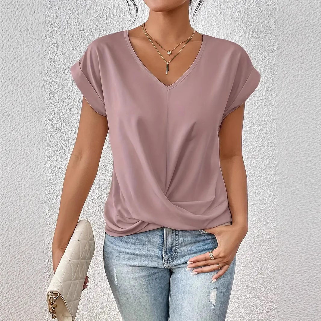 Women's Clothing Elegant V Neck T-Shirt Solid Color Short Sleeve Top For Spring And Summer Hot Selling_ecoleips.com