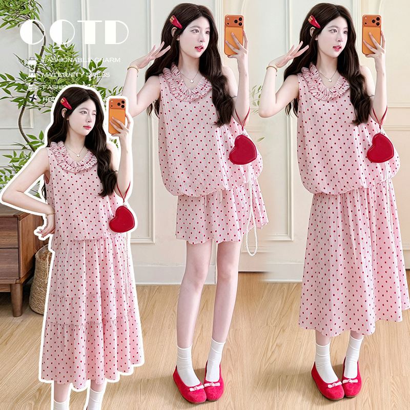 Internet celebrity 2026 summer new product: sweet polka dot V-neck sleeveless top for pregnant women + slimming short skirt and long skirt two-piece set