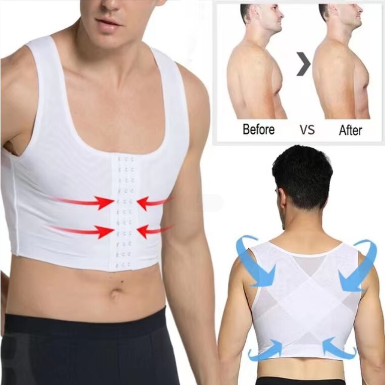 C Men's Chest Shaping and Body Shaping Top with Buttoned Zipper, Back Support, Three-Row Button Compression Back Shaping Vest