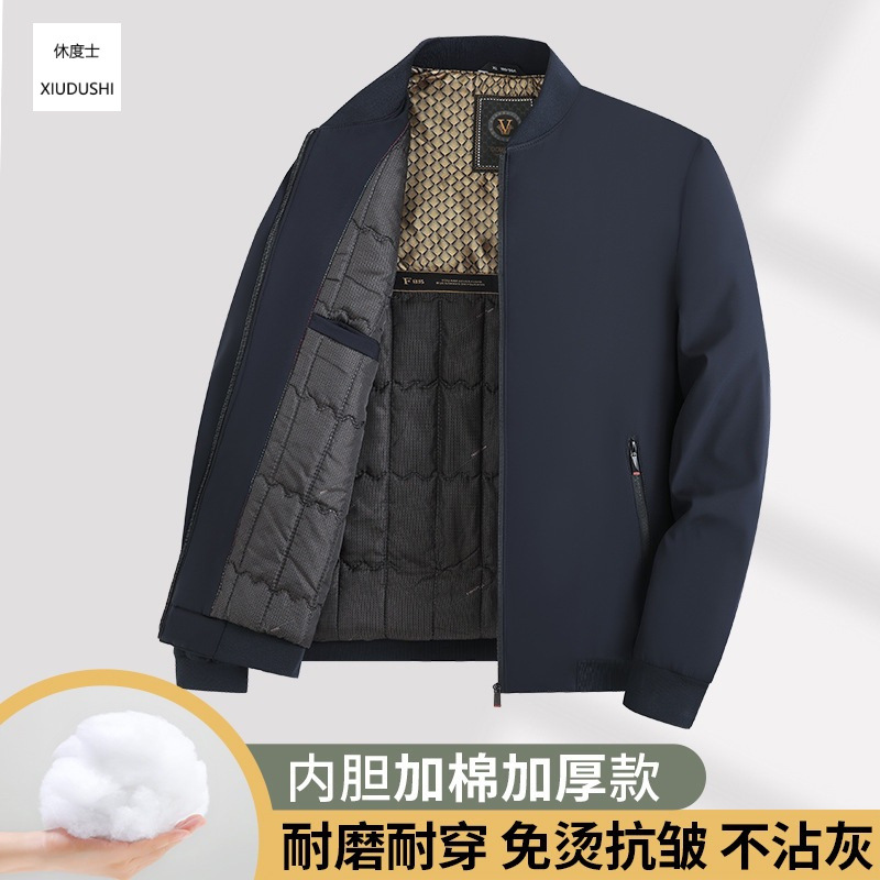 2025 New Middle-Aged Men's Jacket Cotton Autumn and Winter Cotton Daddy Wear Pure Color Warm Casual Jacket for Men