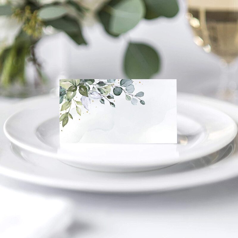 Cross-border wholesale green leaf watercolor wedding dinner activity seat folding card activity decoration card writable