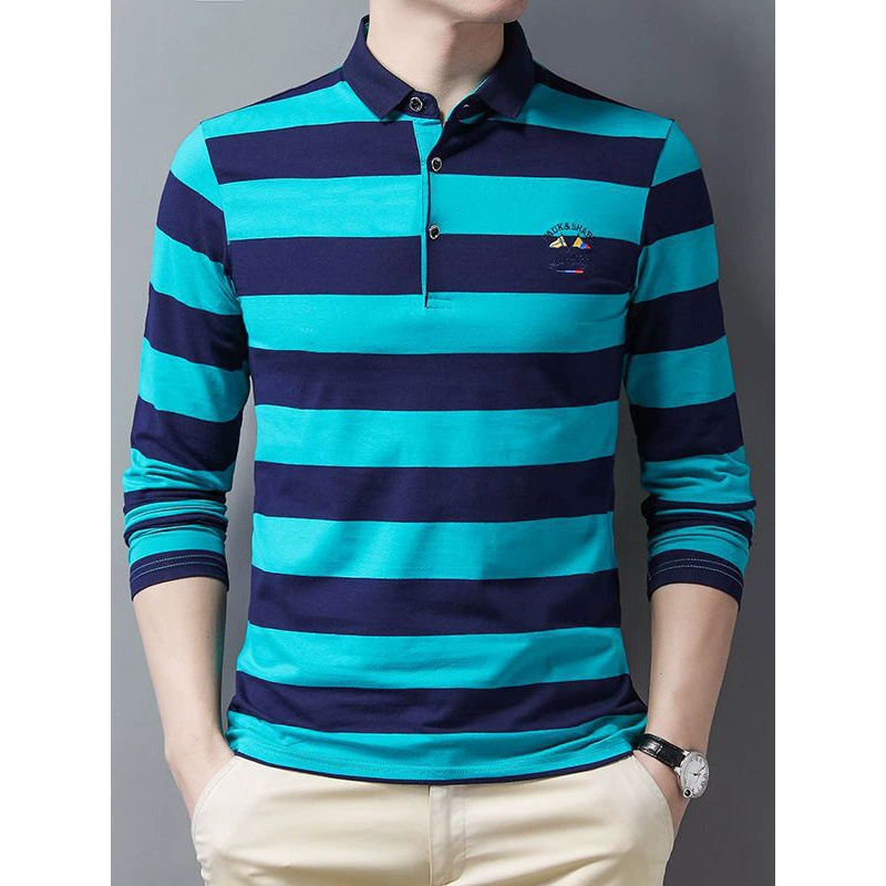 Вышитая хлопчатобумажная полоска рубашка POLOO с длинными рукавами мужской легкий бизнес эластичный отворот футболка мужской папа