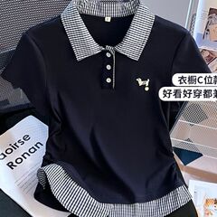 ポロ襟偽ツーピースチェック柄パッチワーク半袖 Tシャツ女性の夏の新しいスリムでユニークな美しいデザイントップ