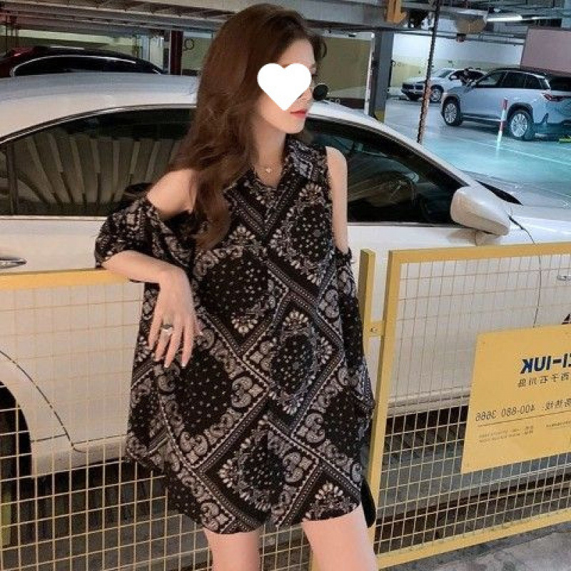 女性用長袖シャツ、夏の韓国風オフショルダーデザインプリントデザインニッチ薄手トップス|undefined