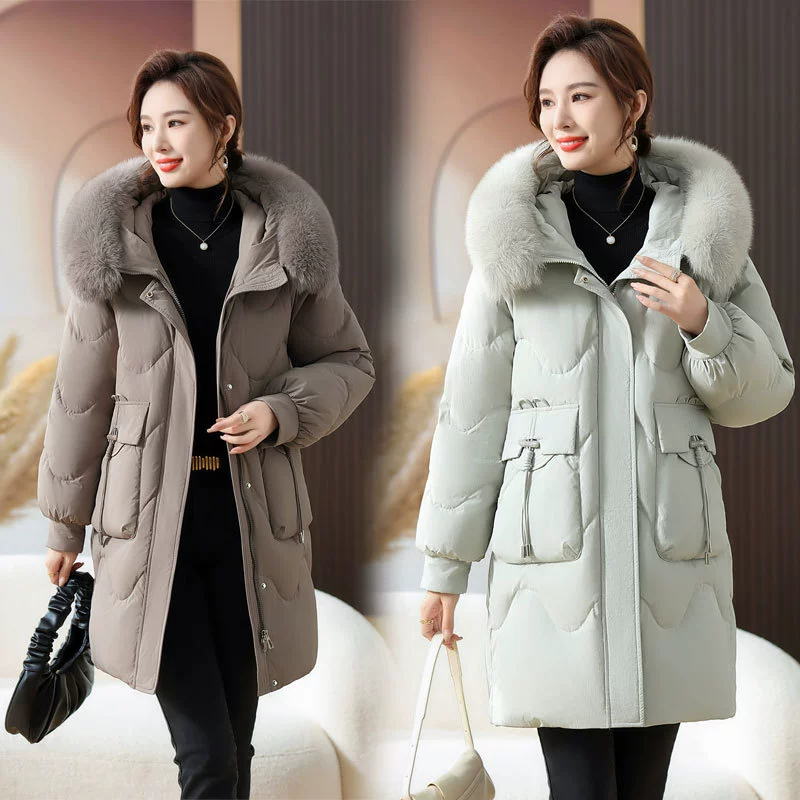 Пуховик женский 2023 Зимняя новая женская одежда для 50 лет, длинное пальто с воротником из меха лисы