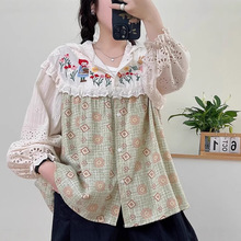 日系森系文艺刺绣复古格子宽松休闲甜美连帽衬衫拼接外套女潮