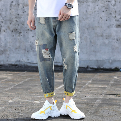 Men's Trendy Brand Distressed Cropped Jeans | Plus-Size Relaxed-Fit Cuffed Casual Pants | Baggy Men's Wear