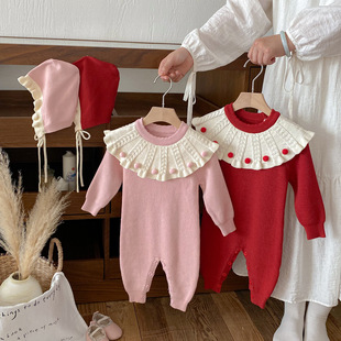 Dianxi 2025 New Autum Style Baby Girl Lapel Knitted Baggy Clothes for Infants and Young Children Cute Fur Ball Hoodies Jumpsuits