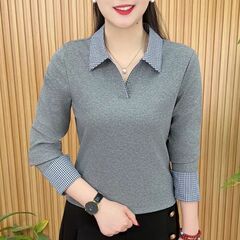 2025春秋时尚洋气妈妈套头减龄简约翻领撞色长袖小衫百搭女士上衣