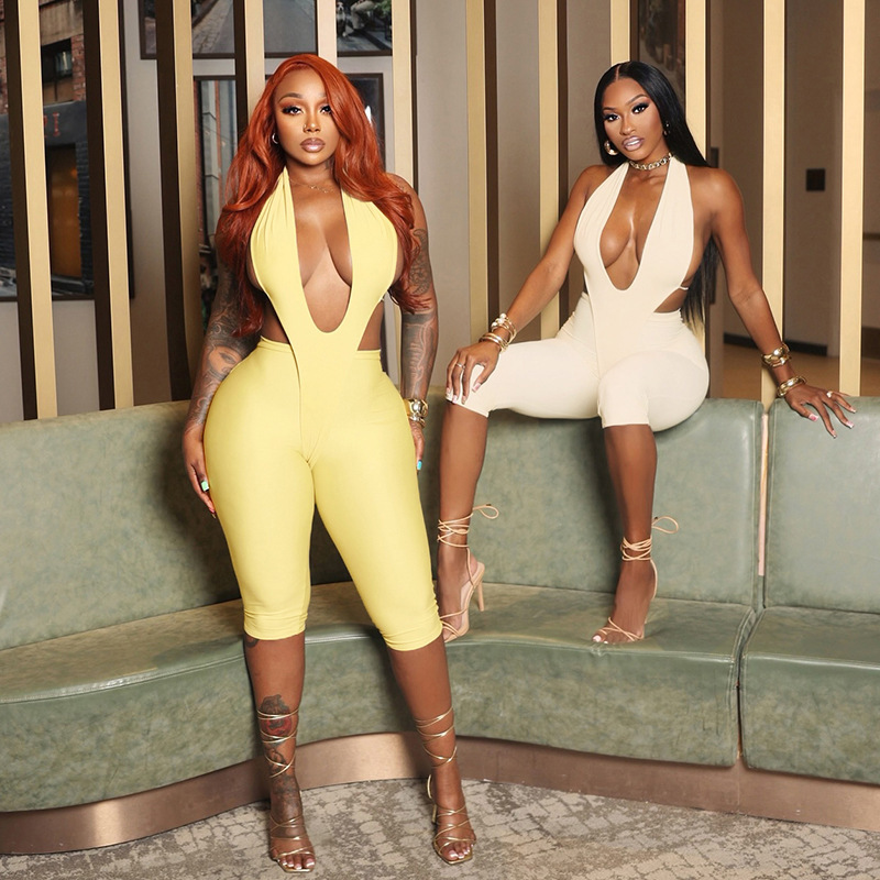 D25Jp311 European and American Cross-Border Women's Sexy Solid Color V-Neck Halter Backless Tie-Up Five-Point Long Jumpsuit