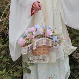汉服摄影道具花篮古风舞蹈拍摄花篮魏晋风田园小花篮直播竹编小篮
