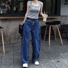2025新款秋季大码高腰直筒牛仔裤女梨形显瘦宽松设计感拖地阔腿裤