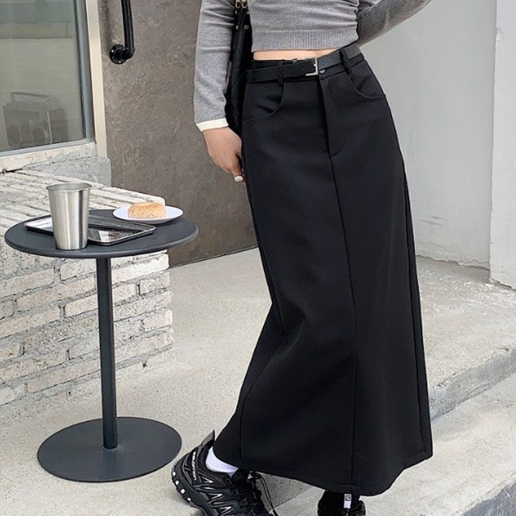 美式工装半身裙女春秋小个子西装半步裙高腰黑色开叉长裙子直销|undefined