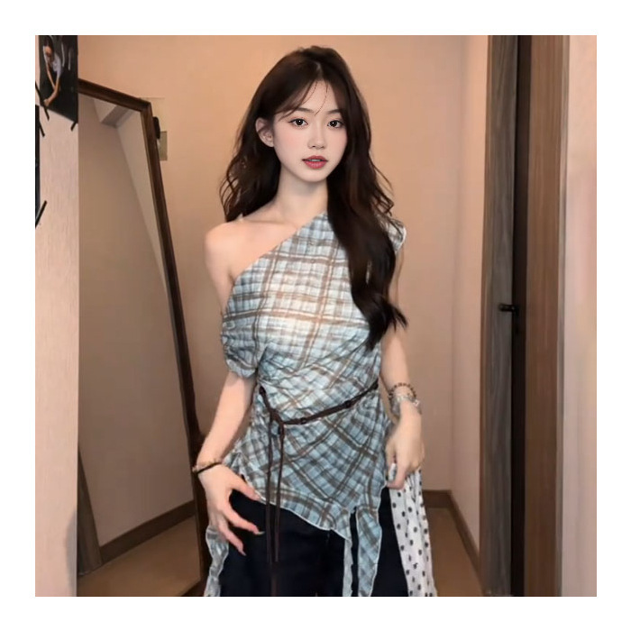 MR 【ベルト付き】韓国風水玉不規則半袖Tシャツコントラストチェック柄斜め肩トップス女性用夏|undefined