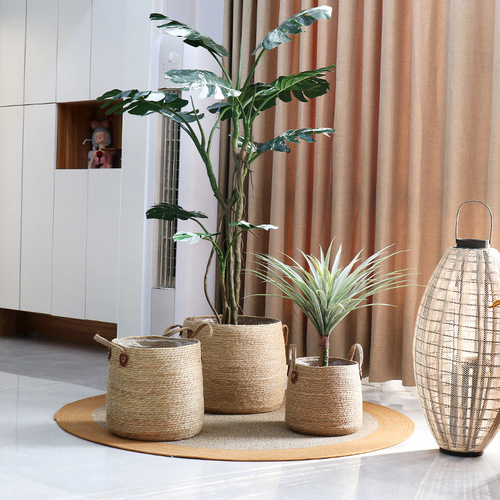 Simple rattan flower pot, woven straw flower basket, round floor-standing potted green plant, large set of pots for living room, breathable