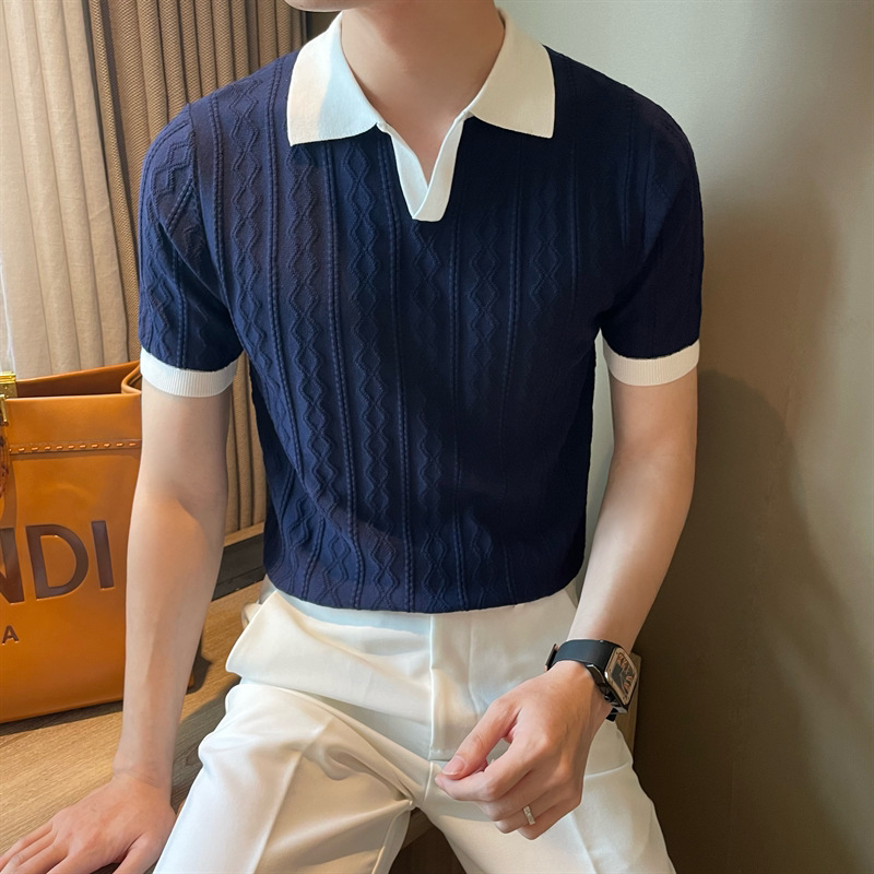 Polo camiseta de punto camiseta de manga corta hombre cuello en V cuello gaviota color de textura vieja camiseta de viento de verano fábrica transfronteriza al por mayor