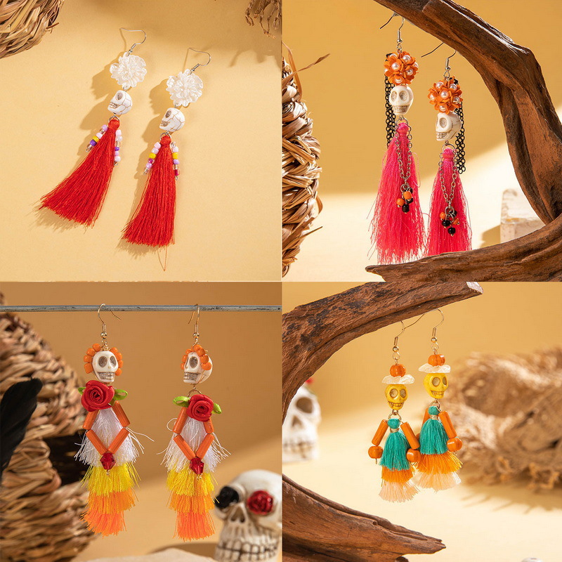 27g Weight Alloy Ear Needle Material Drop Earrings Classification 1 Pair Quantity Holiday, Daily Occasion Alloy, Resin Material Halloween Festival Tassel, Skull Pattern Women's Gender Plating Design Elegant, Streetwear Style 1 Pair Halloween Elegant Streetwear Tassel Skull Plating Alloy Resin Drop Earrings 4