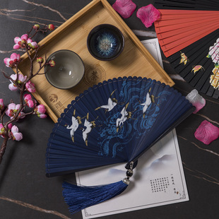 Chinese Style Full Bamboo Classical Fan Women's Japanese Style Ancient Style Classical Black Folding Fan Bamboo Fan Hanfu Dance Fan Easy to Carry