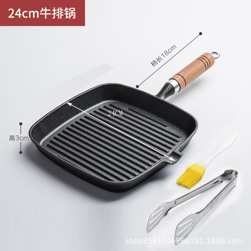 나무 손잡이가 달린 24cm 싱글 오일 스파우트 스테이크 팬 + 클립 오일 브러시