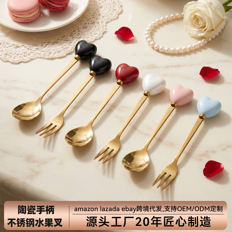 Carefully Selected Creative Dessert Stainless Steel Cutlery Set for Home Use, High-Quality Coffee Spoons, Fruit Forks with Ceramic Handles Carefully Selected Creative Dessert Stainless Steel Cutlery Set for Home Use, High-Quality Coffee Spoons, Fruit Forks with Ceramic Handles