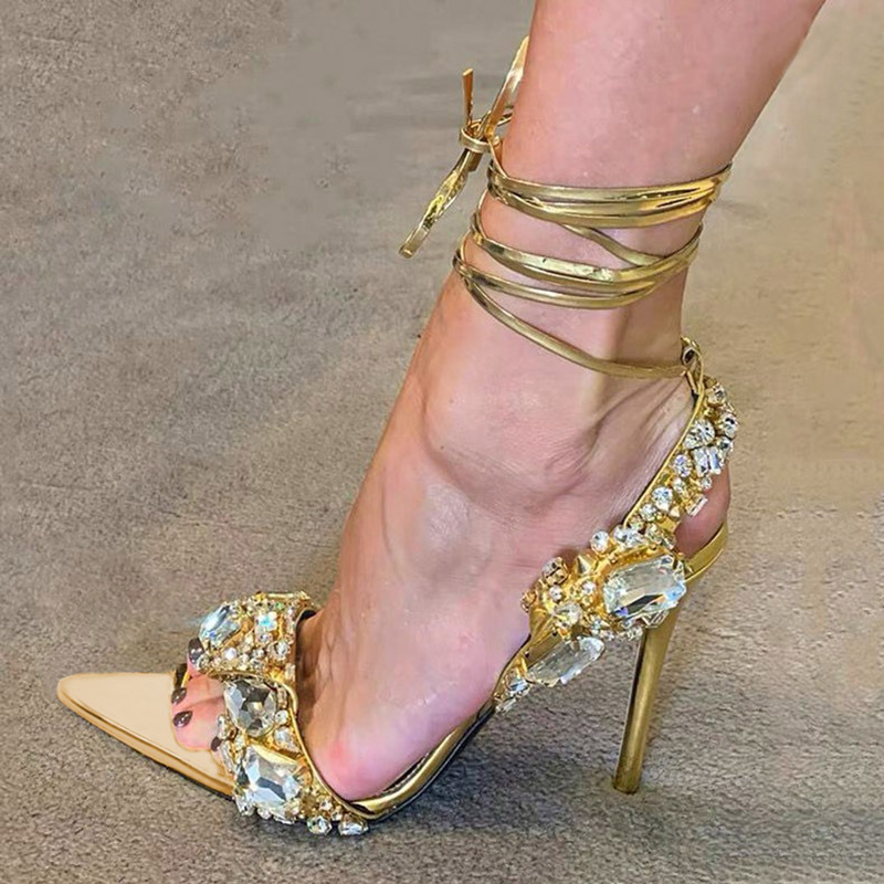 High Heels 2026 Cross-Border Foreign Trade Hot-Selling Sexy Cross-Strap Rhinestone Pointed Open-Toe Stiletto One-Strap Sandals