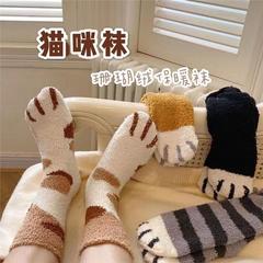 ベルベットの靴下の子供のサンゴのベルベットの秋冬の厚い保温のストッキングの床の靴下の猫の爪のかわいい家の百合の女性の靴下