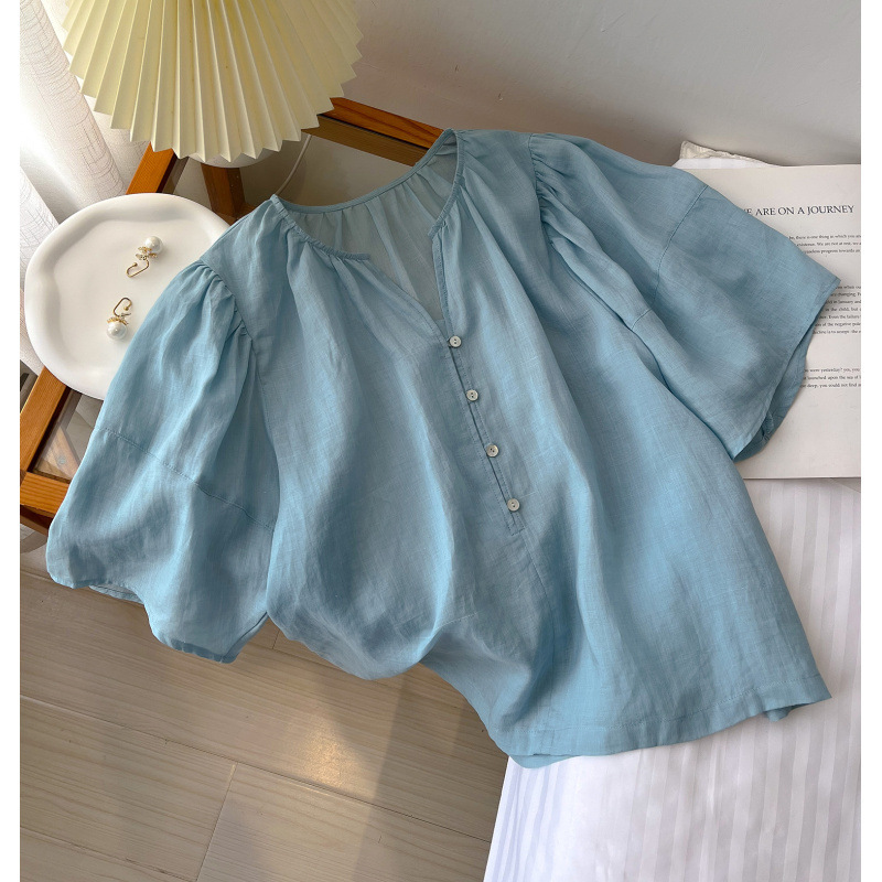 Retro Pure Color Ramie Half Open Collar Shirt for Women 2025 Summer Thin Niche Cotton and Linen Shirt for Age Reduction Outer Shirt
