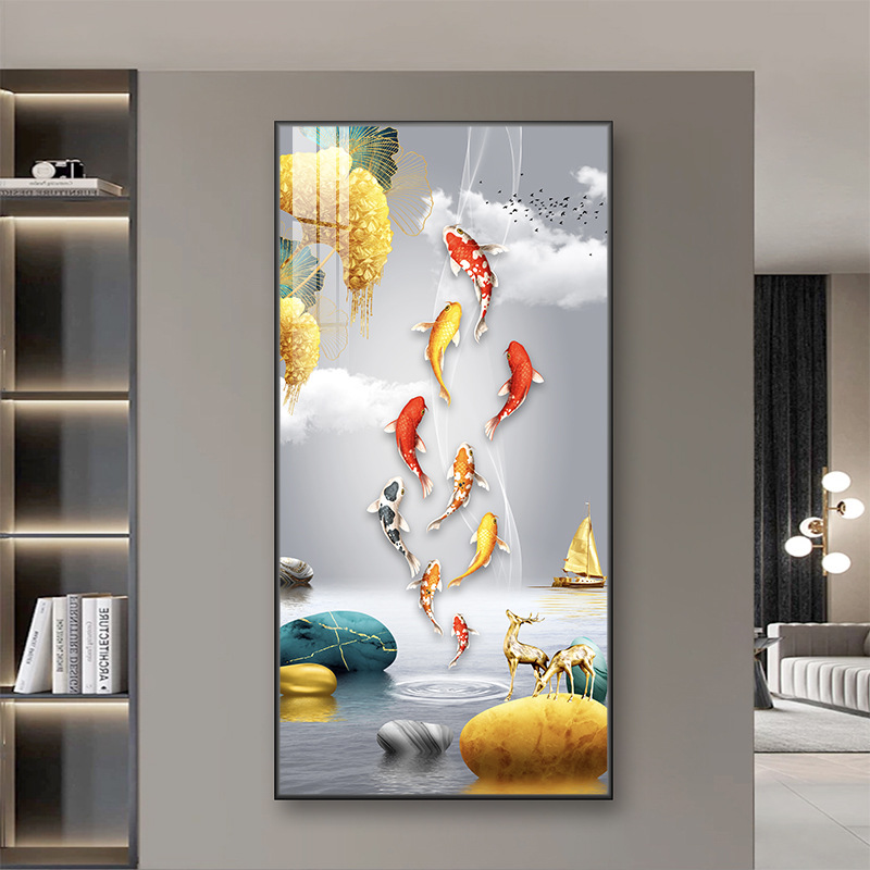 Cửu Ngư Thu Tài / 30*70cm hợp kim nhôm tinh thể sơn khung vàng
