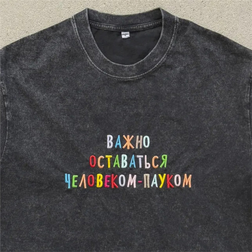 T-Old Retro Print Washed Color Summer Dopamine Black American Short Sleeve 100% Letter Fashion