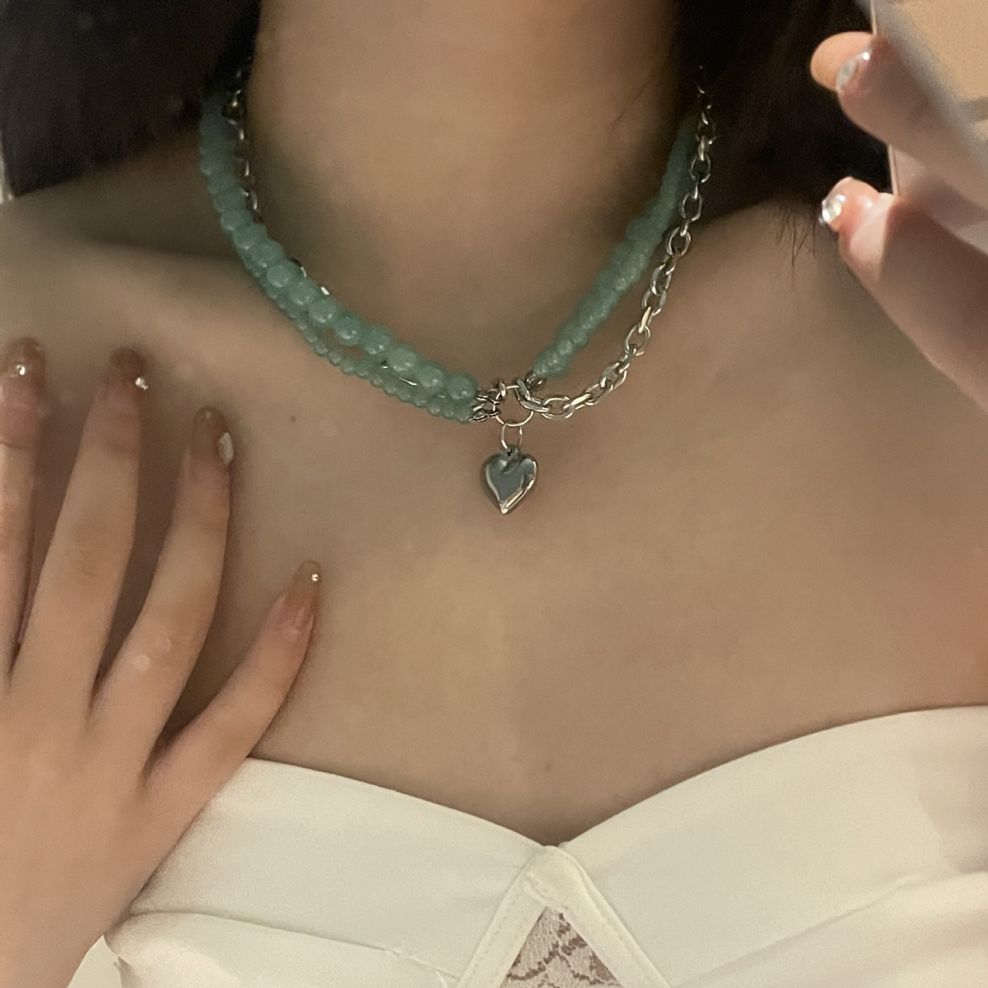 Multi-layered jade female titanium steel heart-shaped clavicle chain